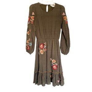 Savanna Jane Olive Floral Embroidered Long Sleeve Dress